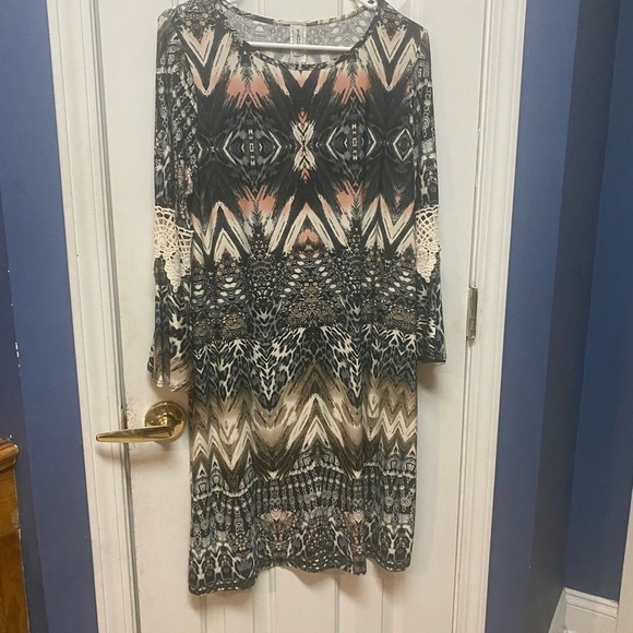 R Rouge Womens Size L Sheer Colorful Boho Tunic Blouse 3/4 Lace Bell Sleeves. - Picture 3 of 9